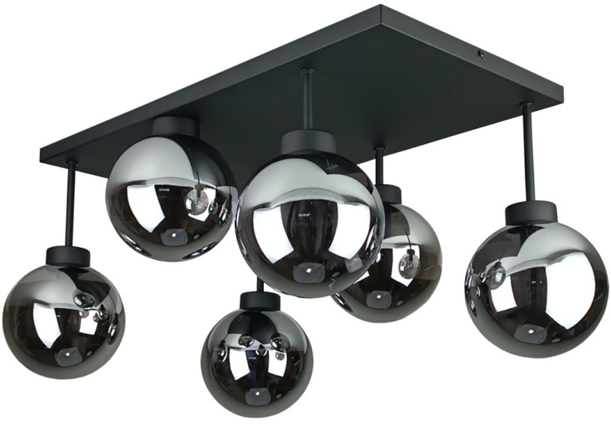 KETER LIGHTING Dea Black Smoky Plafondlamp 6xE27 – Zwart Metaal & Rookglazen Lampenkappen