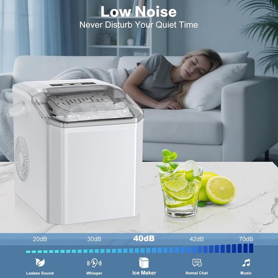 IJsblokjesmachine, 9 ijsblokjes in 6 minuten, 14 kg in 24 uur, 2 formaten bolvormig ijs, zelfreinigende, draagbare ijsmachine met handvat, ijsschep en mandje voor thuis/keuken/kantoor/bar (wit) — afbeelding 5