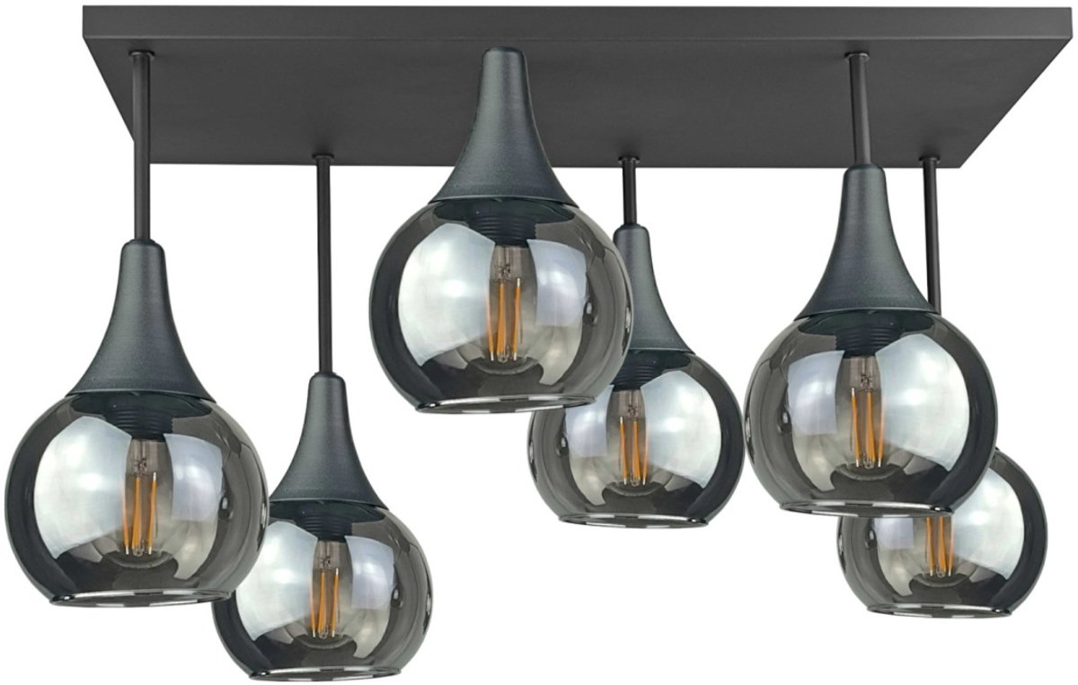 KETER LIGHTING Soma Black Smoky Plafondlamp 6xE27 – Zwart Metaal & Rookglazen Lampenkappen