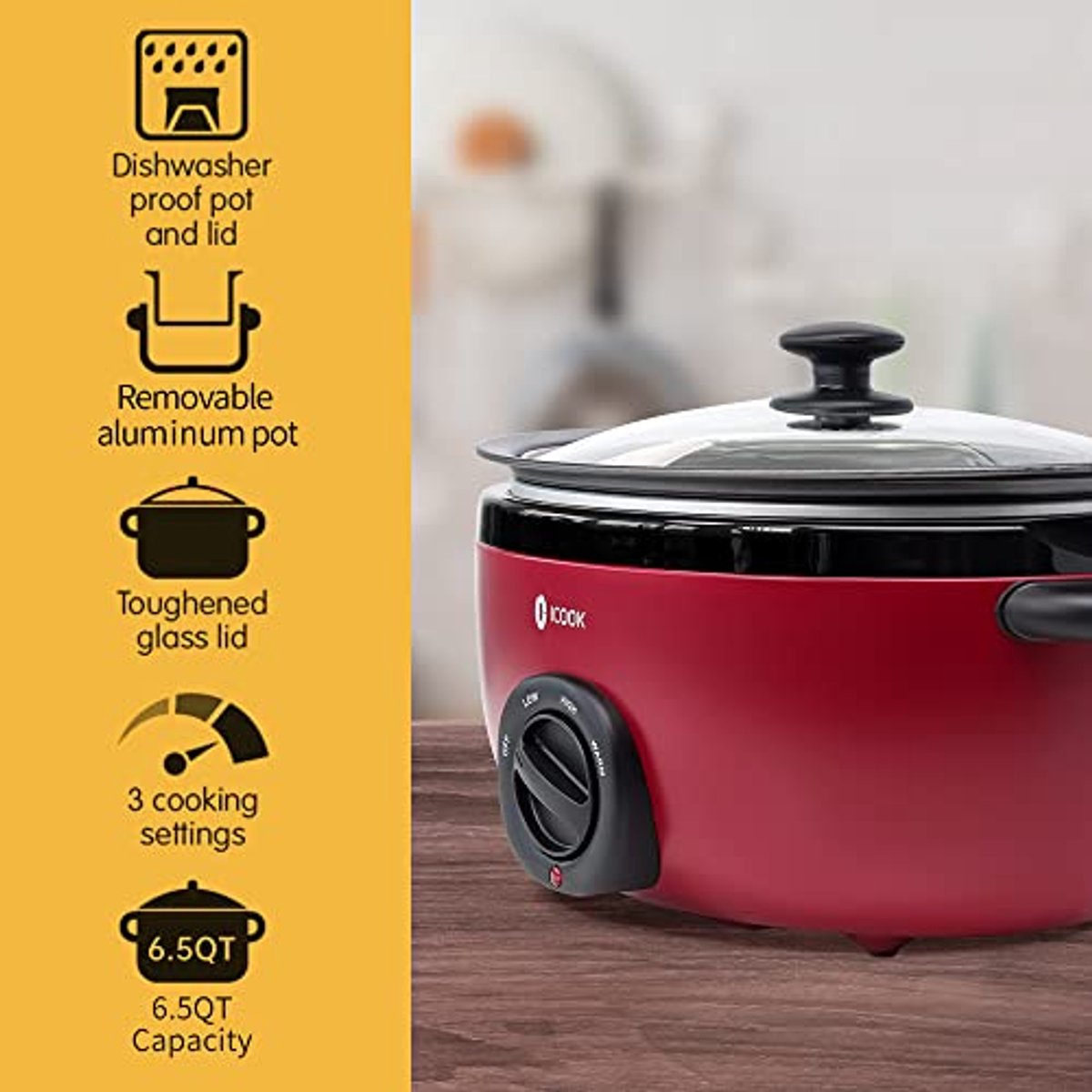 Elektrische Stoofpan - Slowcooker - Gerechten Bereiden - Afneembare Pan - 65 Liter - Rood – foto 3