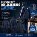 Model draagt een blauwe regenjas en -broek met reflecterende strepen. Tekst: Regenpak met reflecterende zijstreep. Zichtbaar, praktisch en comfortabel.