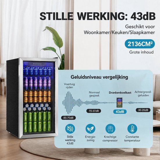 Velmio Koelkast - Koelkasten - Dranken Koelkast - Met Glazen Deur - Voor 126 Blikjes - Mini Bar - Verstelbare Planken - RVS - Zwart/zilver van Velmio — afbeelding 4