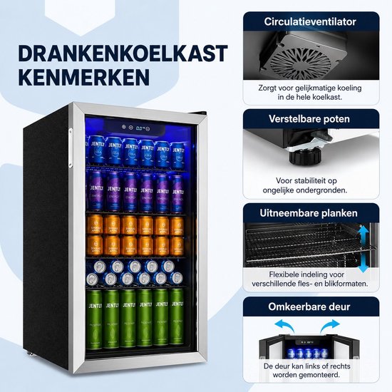 Velmio Koelkast - Koelkasten - Dranken Koelkast - Met Glazen Deur - Voor 126 Blikjes - Mini Bar - Verstelbare Planken - RVS - Zwart/zilver van Velmio — afbeelding 2