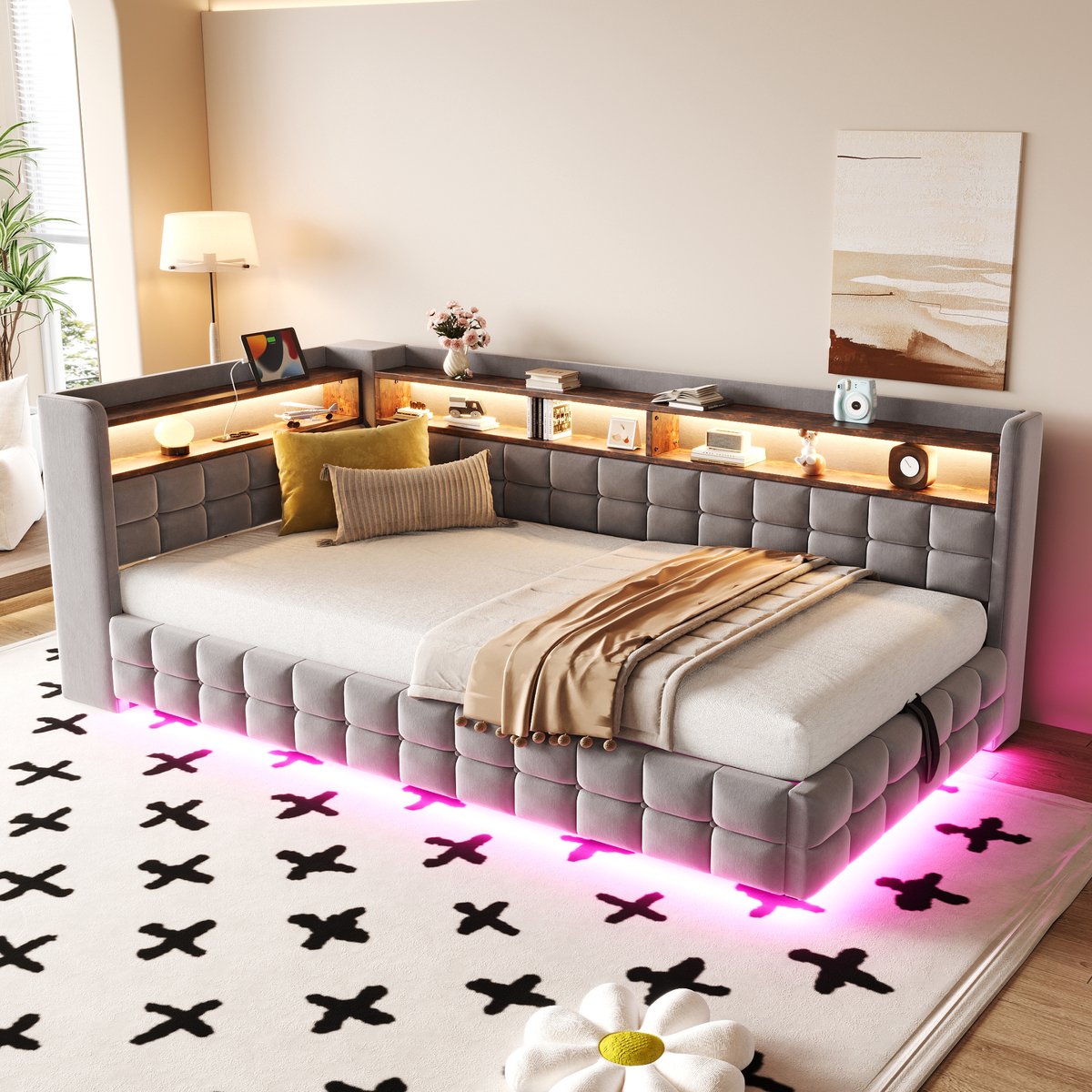 DESMIU Gestoffeerd Bed 90 X 200 Cm Zonder Matras Hoofdbord Met Oplaadpunten En Led Verlichting Met Hydraulische Opbergruimte Lichtgrijs