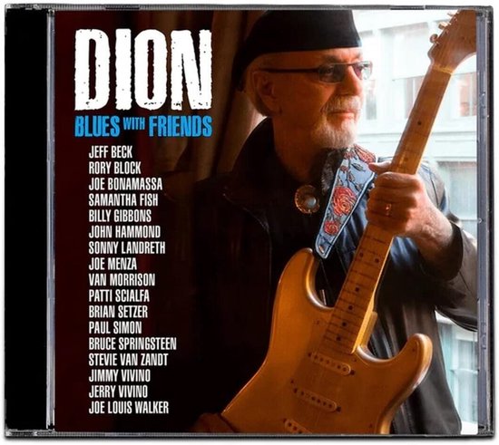 Dion met gitaar en baret op de cover van het album Blues With Friends, met een lijst van gastartiesten.