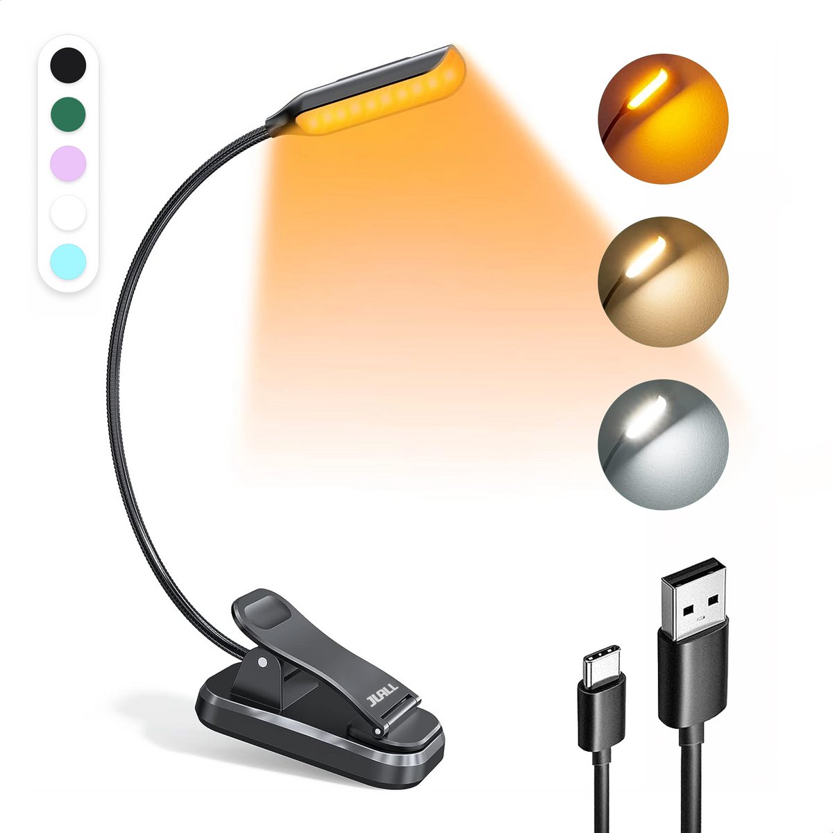 JUALL LED Leeslampje voor Boek - 9 Lichtstanden - Oplaadbaar Leeslampje voor in Bed - Boeklampje - Leeslampje met Klem - Bedlampje - Zwart