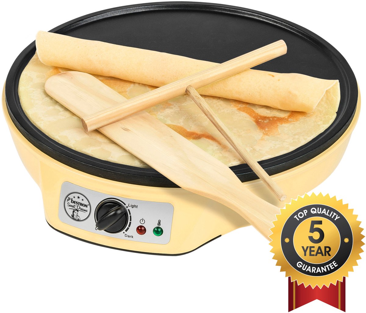 Bestron Pannenkoekenmaker - ASW602 - 1000W - Crêpemaker - 30cm - Geel - Incl houten stapel en verdeler - 5 jaar garantie