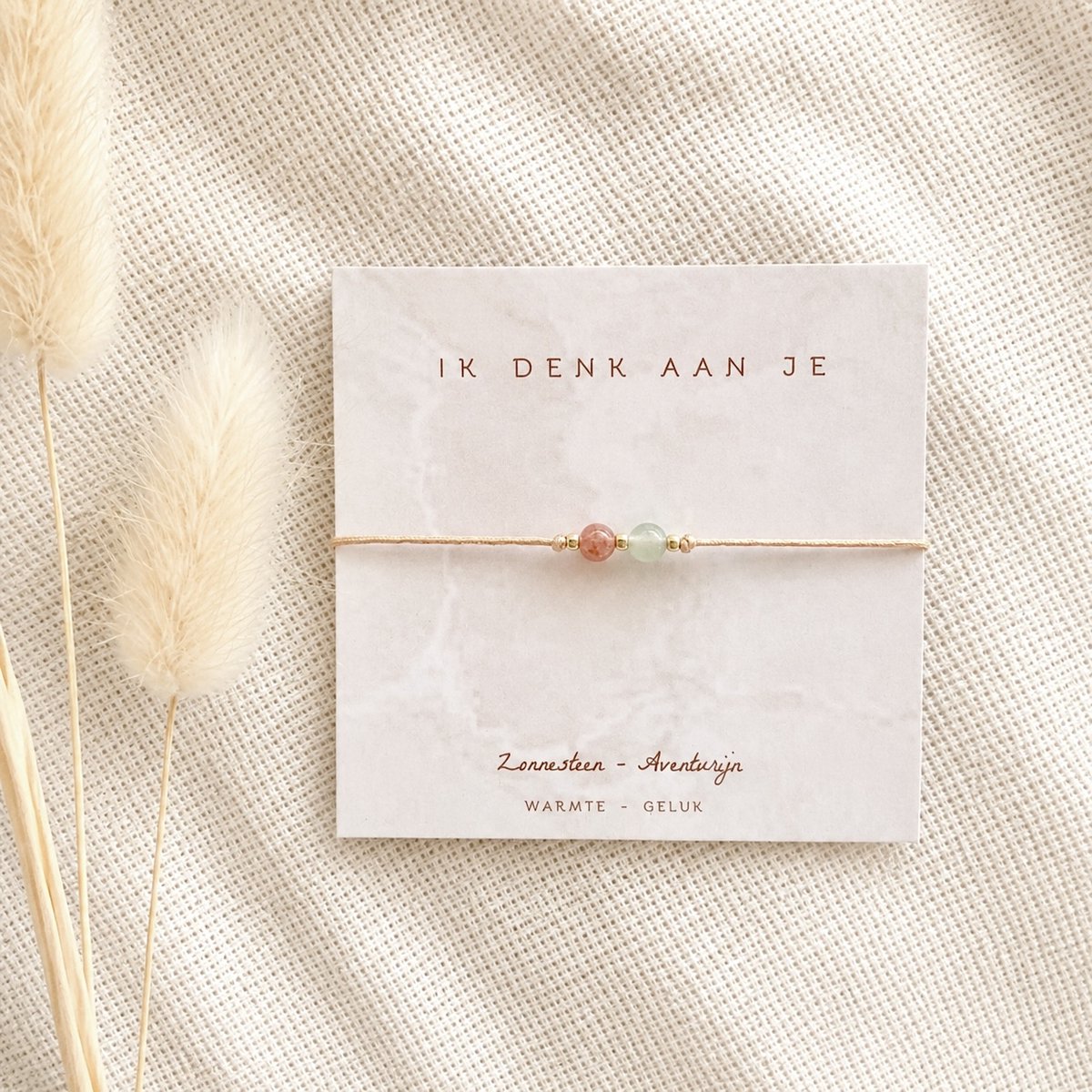 Armbandje edelstenen met Kaartje - Ik denk aan je - Zonnesteen Aventurijn - Warmte Geluk - Cadeautip