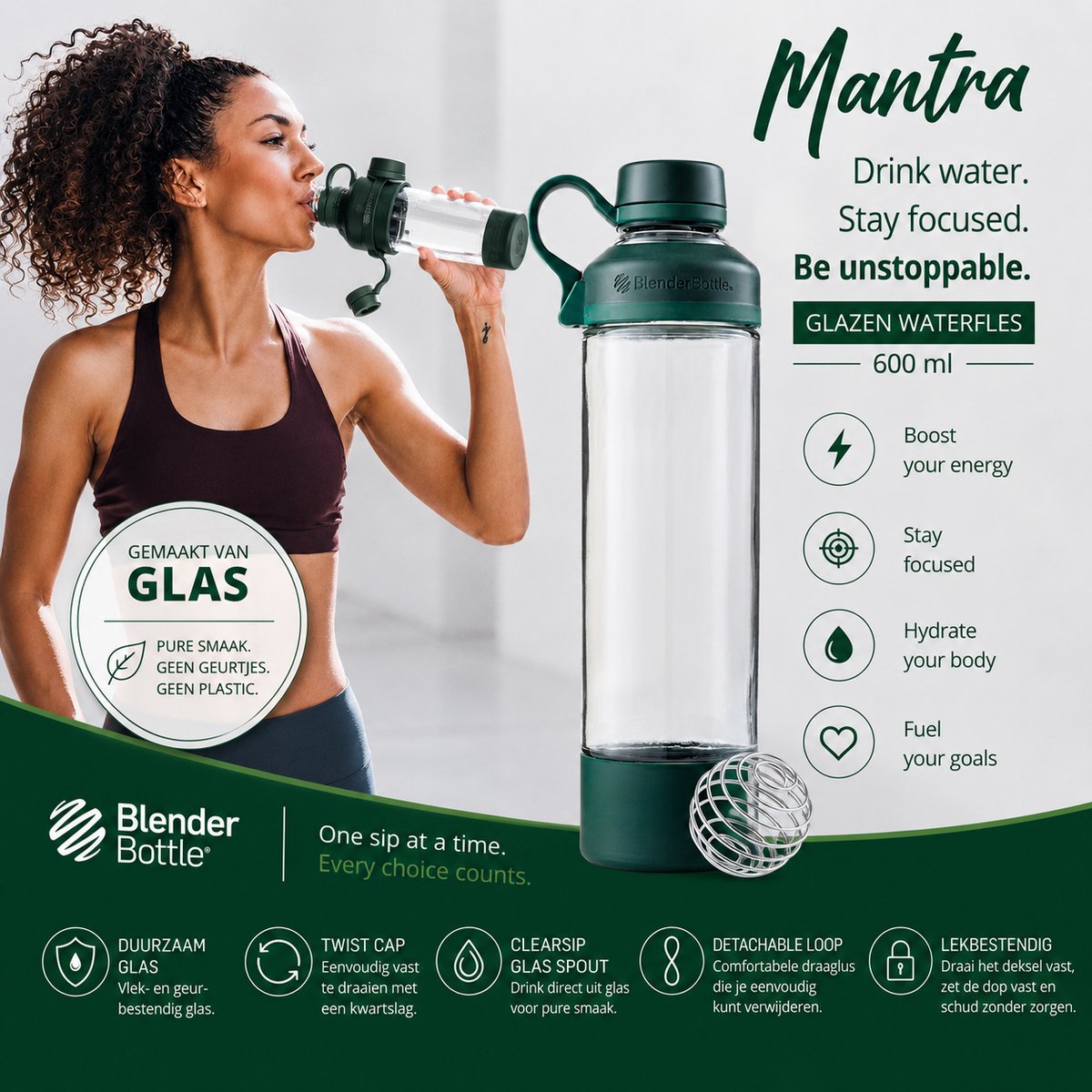 BlenderBottle Mantra Waterfles GLAS 600 ml – Transparant Groen – Lekvrij – Duurzame Glazen Drinkfles met Siliconen Bescherming