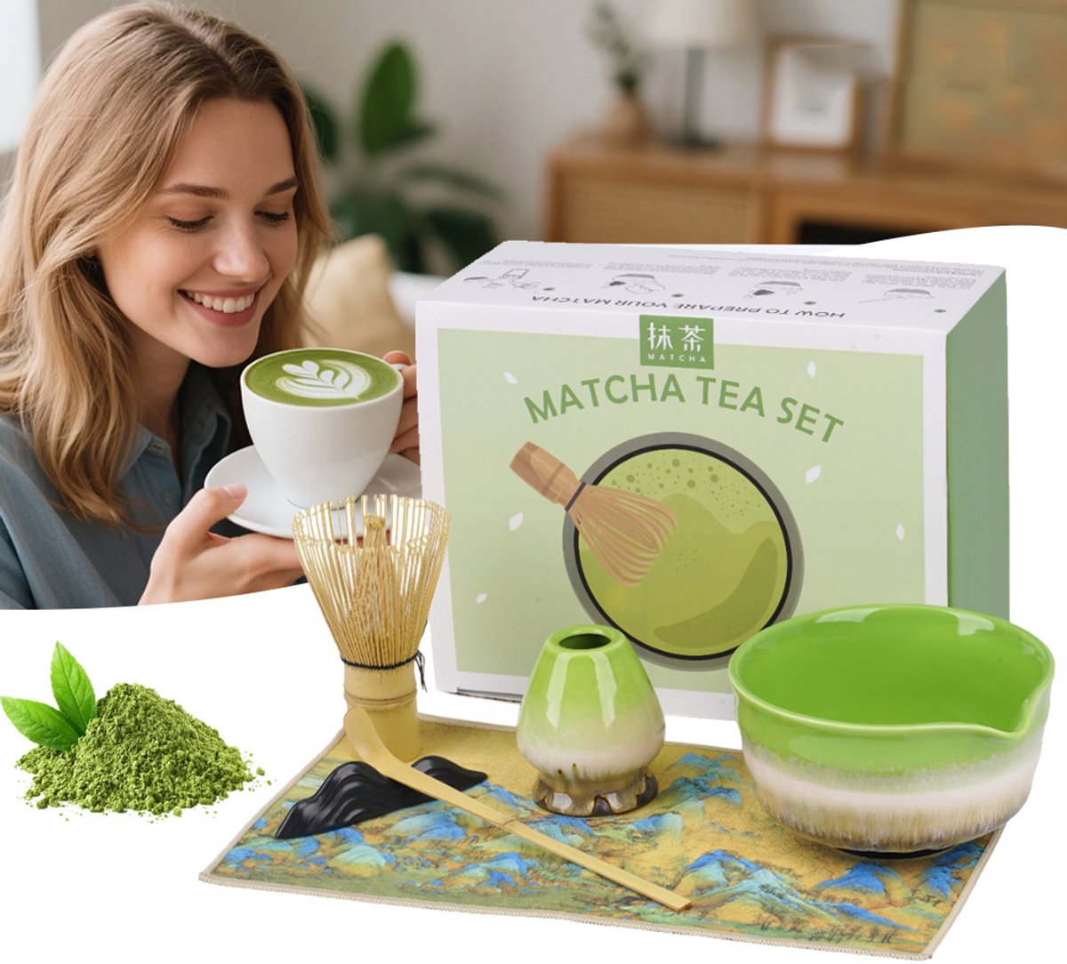 Matcha Garde Set - 6-Delige Matcha Set - Keramische Matcha-Kom En Bamboe Garde - Matcha Theeset Met Theekopje Bamboe Schepje Onderzetter En Theedoek