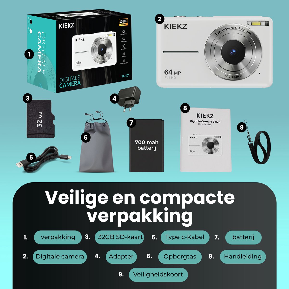 Kiekz Digitale Camera 64MP - Fotocamera Full HD - Mini Camera - Compact Camera - Fototoestel - Autofocus - Ideaal voor Kinderen en Beginners - Inclusief 32GB SD Kaart - Wit thumbnail 6
