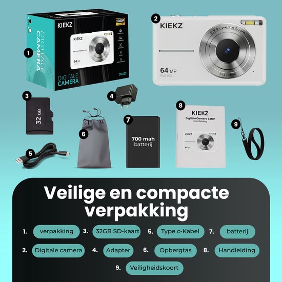 Een witte KIEKZ digitale camera, 32GB SD-kaart, adapter, type-c kabel, batterij, opbergtas en handleiding op een witte achtergrond.