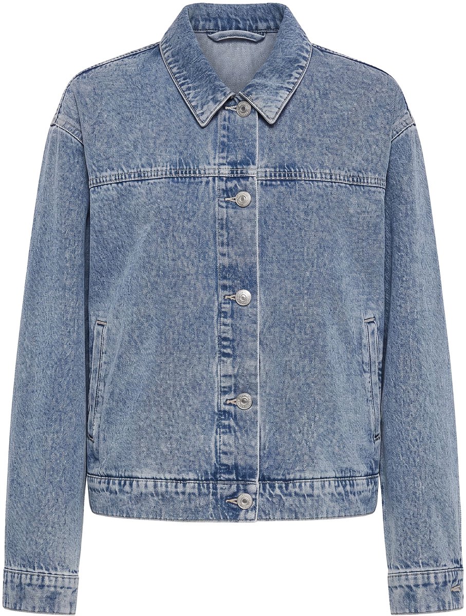Studio Untold - Dames - Denim jasje boxy shape mouwen met glitterfranjes - Blauw denim - Maat 42+