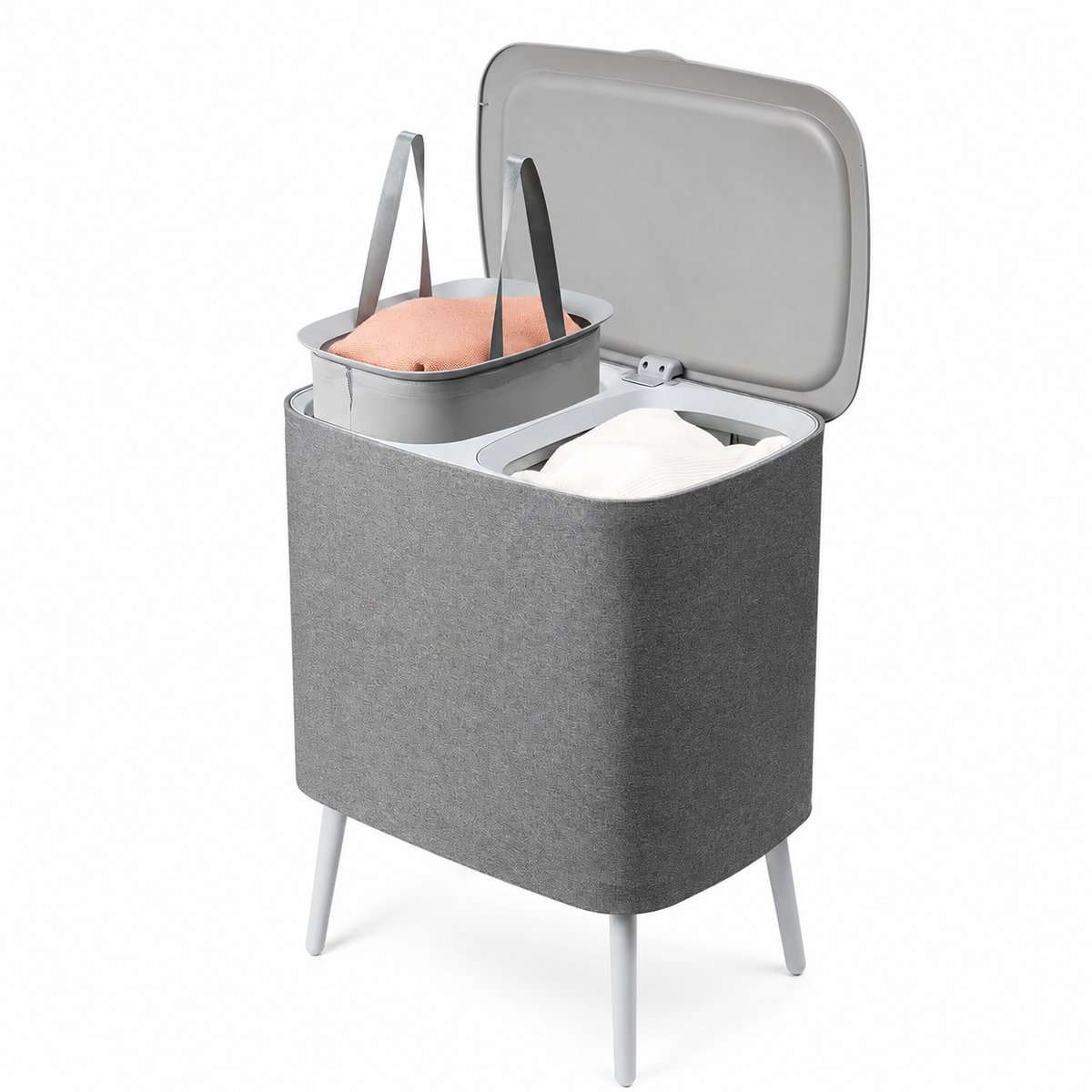 LifeLux Wasmand met Deksel 60L – Dubbele Wasmand 2 Vakken uitneembaar Waszakken – Verhoogde Wasmand op Poten – Grijs