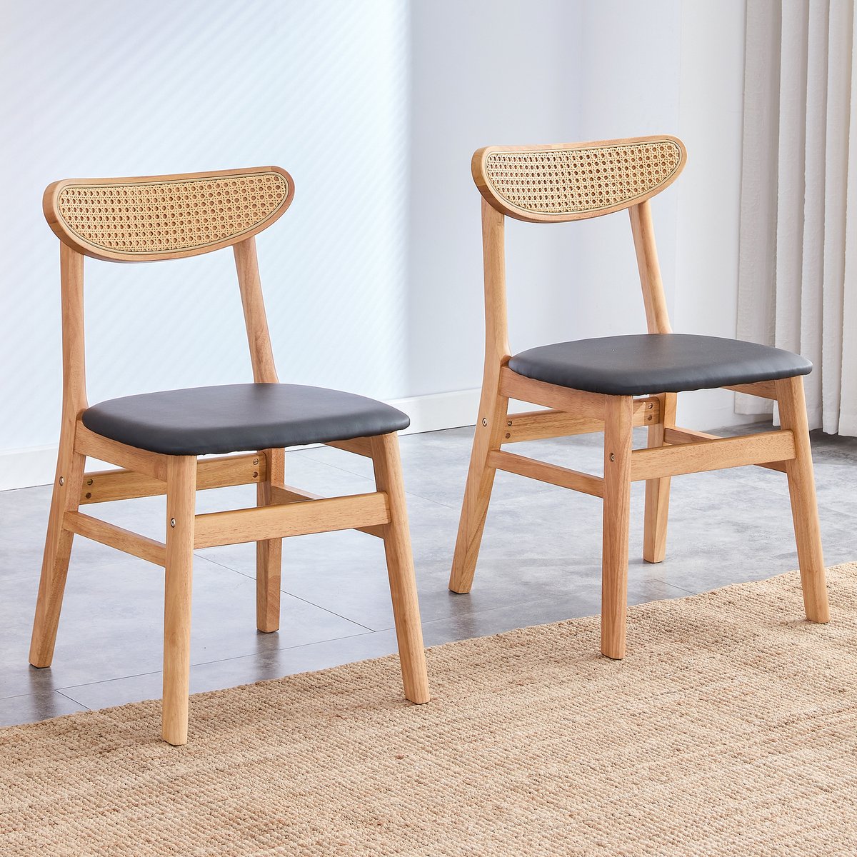 Clruro Eetkamerstoel - Onbekend - Scandinavische eetkamerstoel set 2 stuks massief hout rattan rugleuning ergonomisch - eetkamer, keuken - Onbekend - Onbekend
