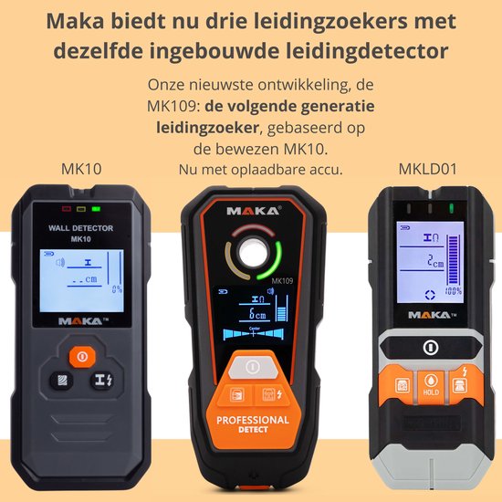 Drie MAKA leidingzoekers: MK10, MK109 en MKLD01, met digitale displays.