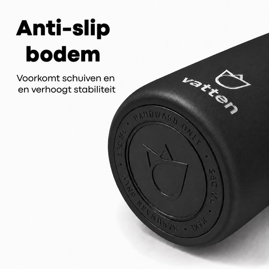 Onderkant van zwarte thermosbeker met Vatten logo en tekst 'Handwash Only'.