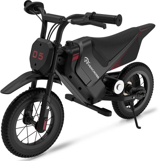 Zwarte elektrische crossmotor met het nummer '05' op de voorkant, rode accenten en Evercross logo.