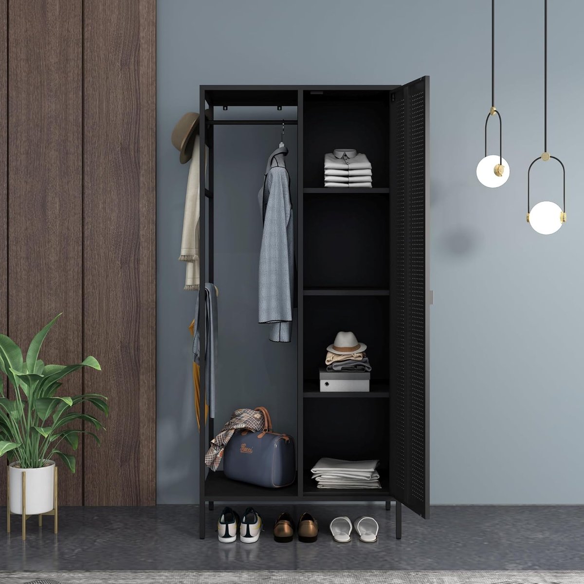 Metalen kledingkast – Garderobekast 180x80x45 cm – House&Garden Industriële Slaapkamerkast Zwart – Stalen Lockerkast met 4 Opbergvakken, Kledingstang & Ventilatiepanelen – Robuuste Kledingopbergkast voor Slaapkamer, Hal & Woning