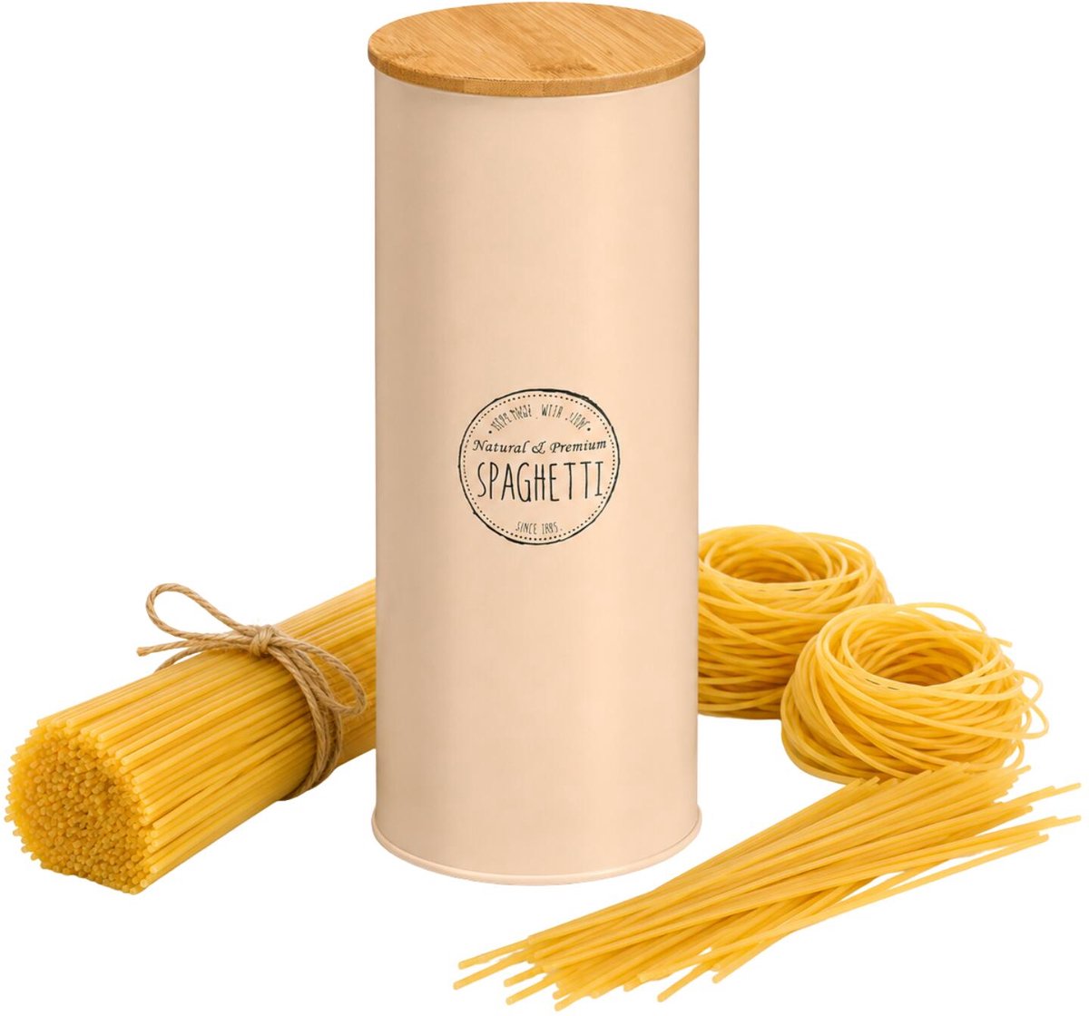 Kinvara Voorraadpot Essentials - keuken - spaghetti pasta - beige - 12 x 28 cm - metalen blik - bamboe deksel - luchtdicht