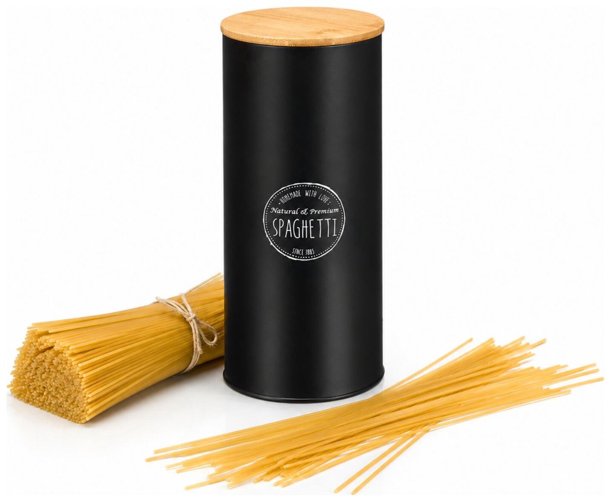 Kinvara Voorraadpot Essentials - keuken - spaghetti pasta - zwart - 12 x 28 cm - metalen blik - bamboe deksel - luchtdicht
