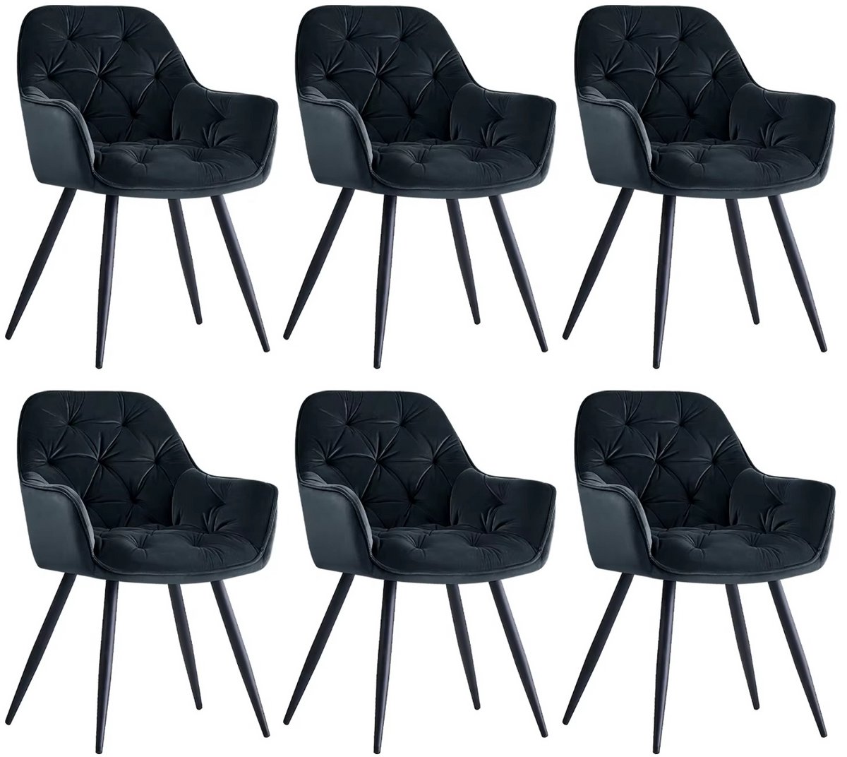 Whoopr® Set van 6 Fluwelen Eetkamerstoelen met Armleuningen – Gestoffeerde Stoelen met Dikke Zitting en Rugleuning – Moderne Accentstoelen met Metalen Poten – Voor Eetkamer, Woonkamer & Lounge zwart