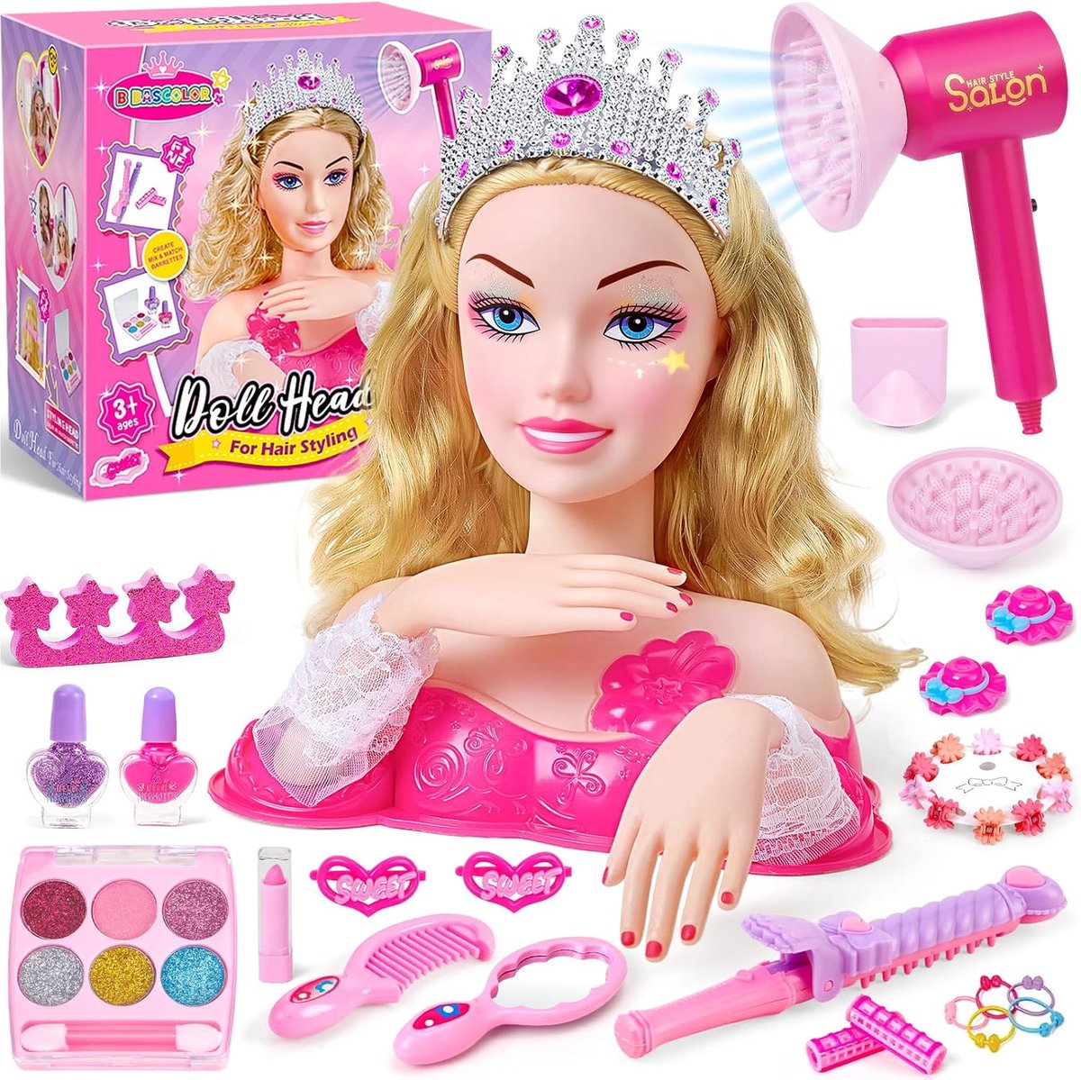 Poppenhoofd voor kammen en make-up | Kapperset met accessoires voor meisjes van 4 tot 6 jaar