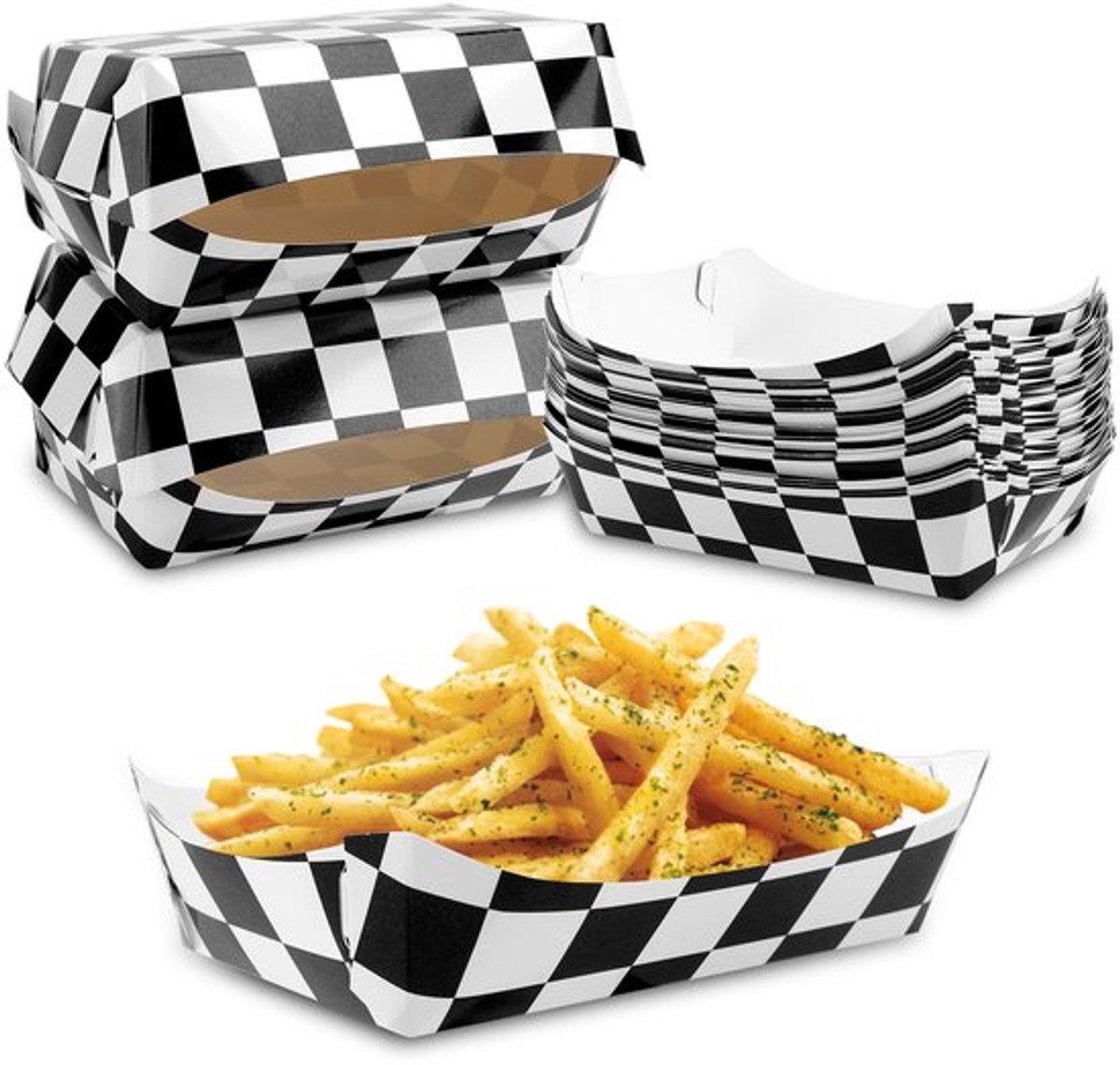 MTTProducts - Race Auto Papieren Voedselbakjes - 24 Stuks - Ideaal voor Feestjes - Zwart en Wit - Perfect voor Snacks - Racethema - Geschikt voor Verja...