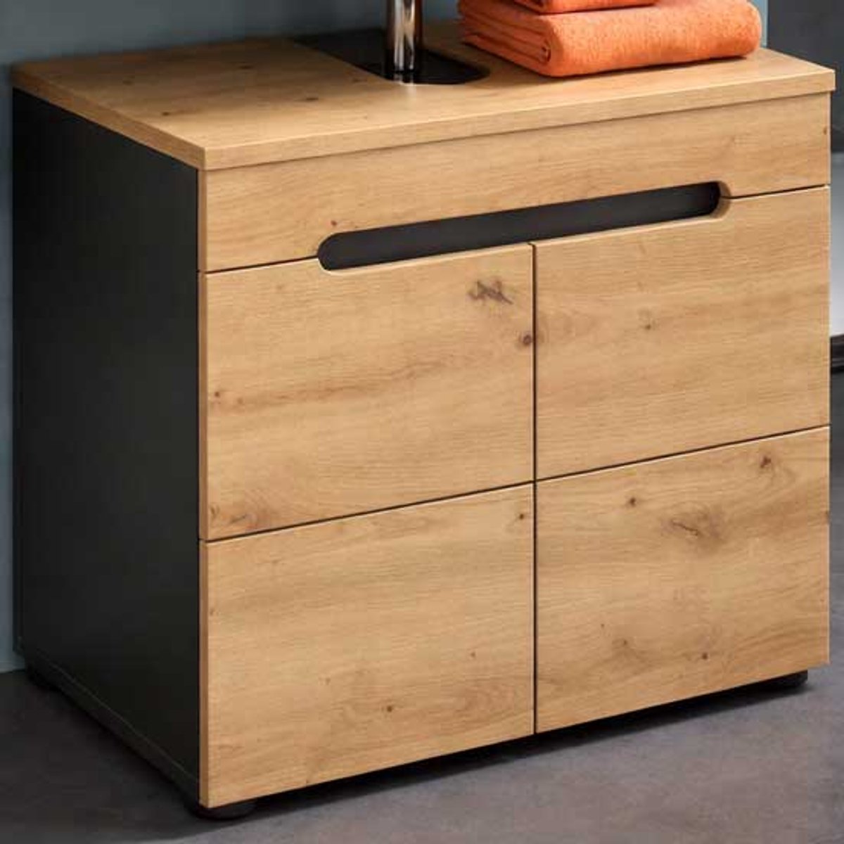 Wastafelmeubel Canu Xonox - Basaltgrijs & Artisan Hout - 63x55x34cm - Xonox - Badkamer Enkele Wastafelonderkast - Bruin; Grijs - Spaanplaat