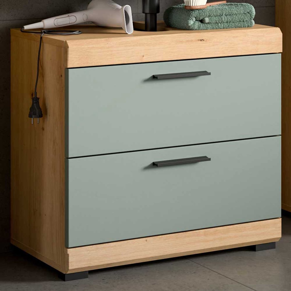 Wastafelonderkast Scout Xonox - 60x56x34 Cm - Sage Groen En Artisan Eik - Xonox - Badkamer Enkele Wastafelonderkast - Bruin; Groen - Spaanplaat