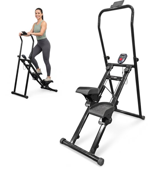 Zwart stepladder fitnessapparaat op witte achtergrond en een vrouw die erop traint.