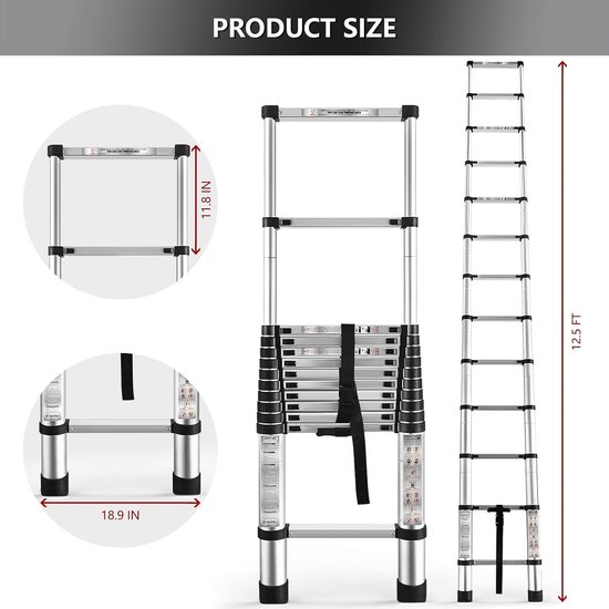 Afmetingen van een aluminium telescopische ladder in gesloten en uitgeschoven toestand, met vermelding van breedte en hoogte.