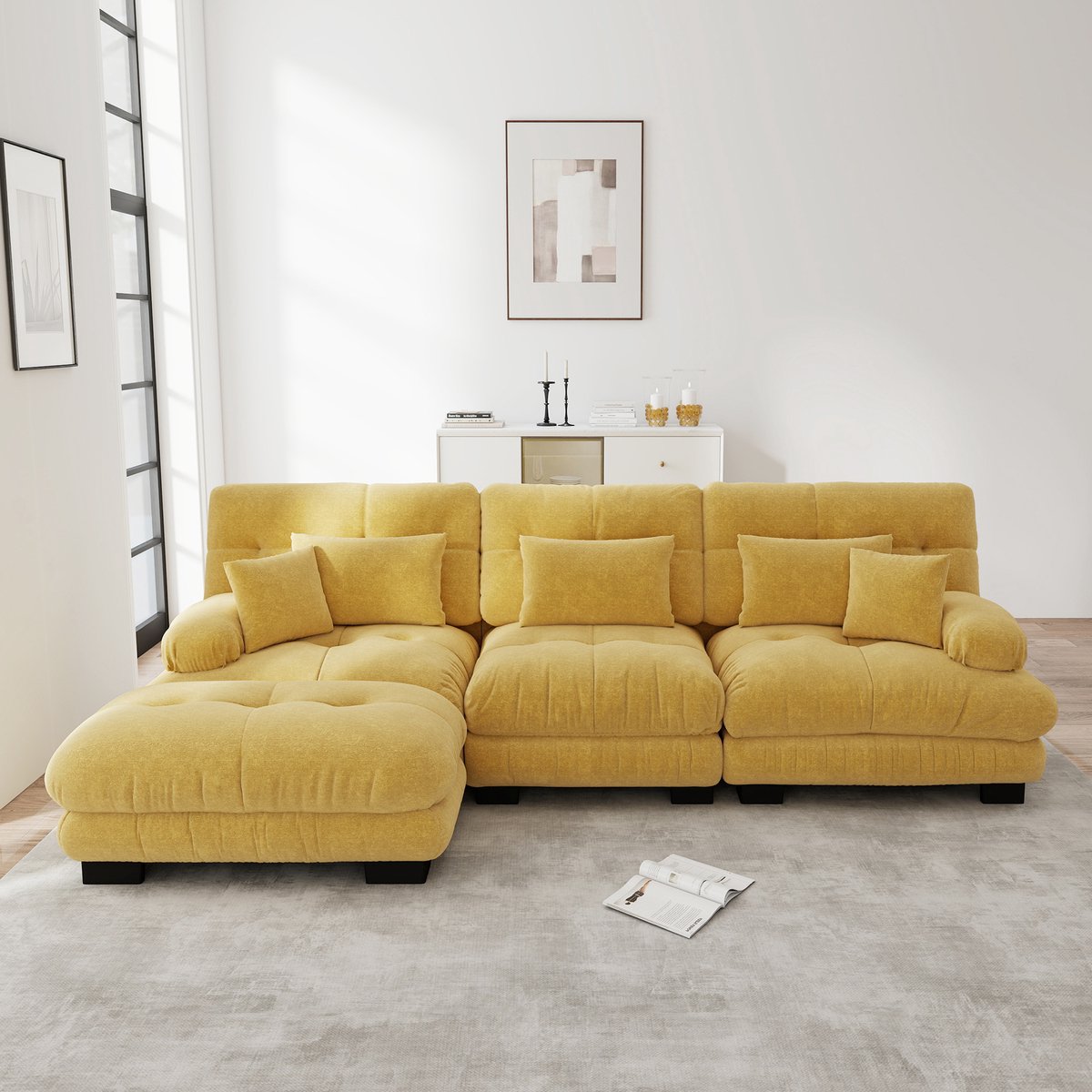 Luxe modulaire hoekbank - L-vormige bank - slaapbank - met hocker - met lendenkussen en si