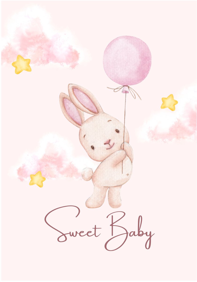 Sweet Baby Konijn Ballon - Dibond Wandprint - 70x100 cm - Aluminium Wanddecoratie - Premium Kunstdruk - Babykamer Muurdecoratie - Baby Konijn