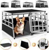 Hondenkooi XL aluminium met zwarte panelen en schuine achterkant, met Corgi.