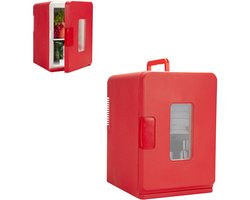KZQ Mini koelkast 15 liter 2-in-1 minibar koel en warm AC/DC 230V/12V draagbaar rood zwarte glazen deur voor auto kantoor camping thuis eten drinken