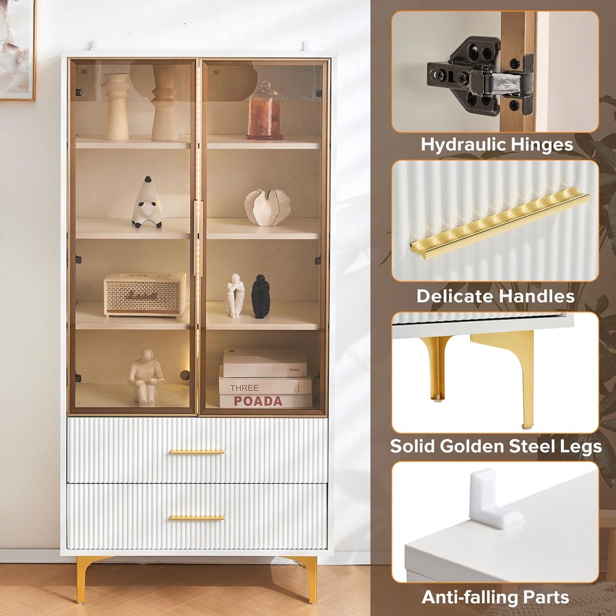 Vitrinekast met LED Verlichting - House&Garden Luxe Glazen Displaykast 70x35x150 cm - Witte Staande Kast met Gouden Poten, 2 Laden en Verstelbare Planken - Moderne Vitrine voor Woonkamer, Eetkamer en Kantoor