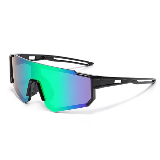 Zwarte semi-randloze zonnebril, spiegelglas in blauw/groen, zwarte pootjes.