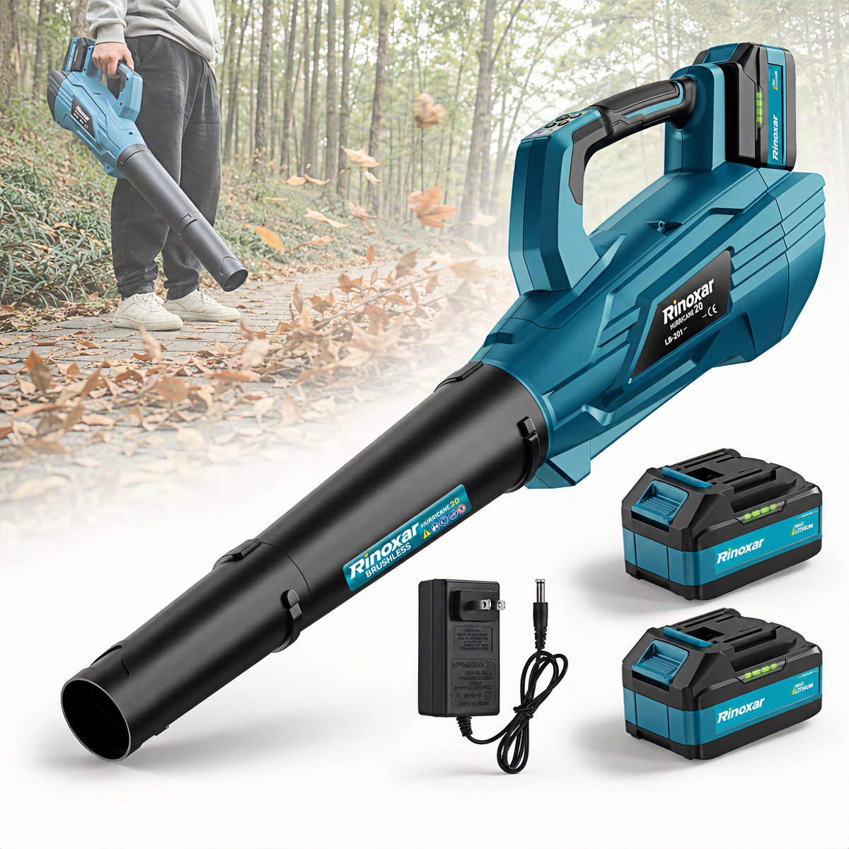 Accu Bladblazer, Bladblazer Op Accu Met Borstelloze Motor 35000 Tpm 850w, Luchtsnelheid 180km/U Met 5 Snelheden, Met 5200mah/18v-Accu’S, 2 Verwisselbare Mondstukken