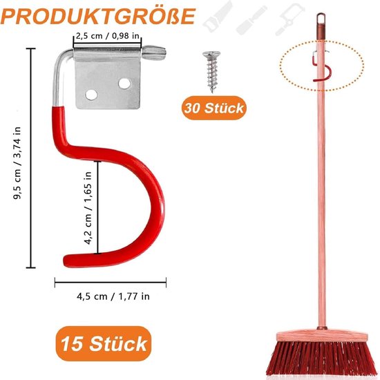 Tuingereedschapshouder, metalen haken, 15 stuks, rode haken, bezemhouder, gereedschapshouder met 30 stuks schroeven, ophanging voor tuingereedschap, met antislip rubberen coating, voor — afbeelding 4