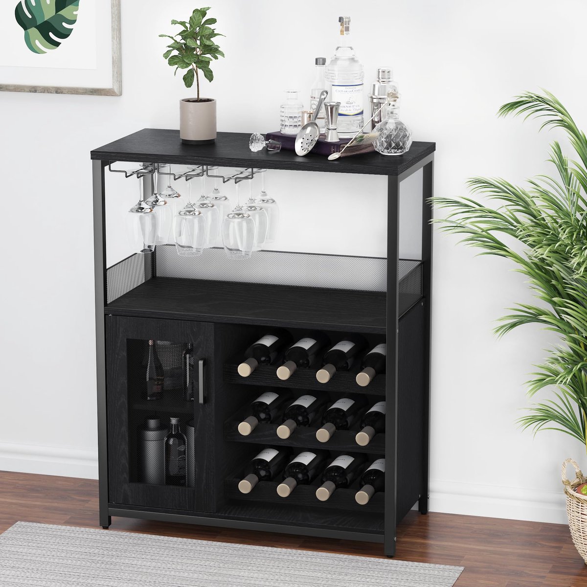 Triumpunpre Wijnkast - Vrijstaande Bar Kast met Wijnrek voor 16 Flessen, Glashouder en Mesh Deur - 72x35x90 cm - Wijnkabinet met Verstelbare Schappen - Retro Stijl Wijnmeubel voor Woonkamer, Keuken, Eetkamer