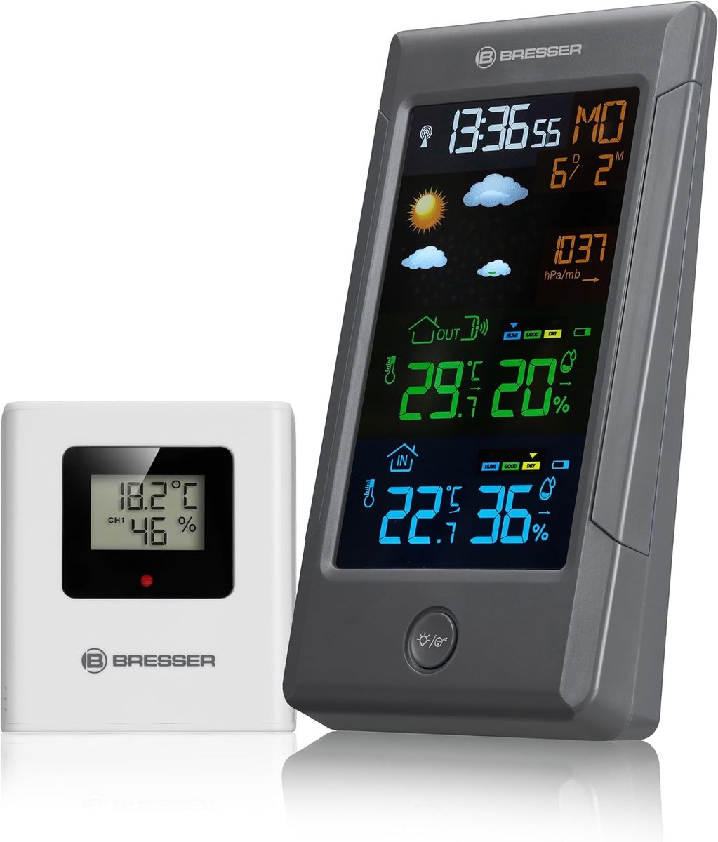 Weerstation met Sensor - Buitenthermometer Klok - Binnenklimaat Monitoren - Weersvoorspelling Kleurendisplay - 17 x 9.3 cm - Zwart