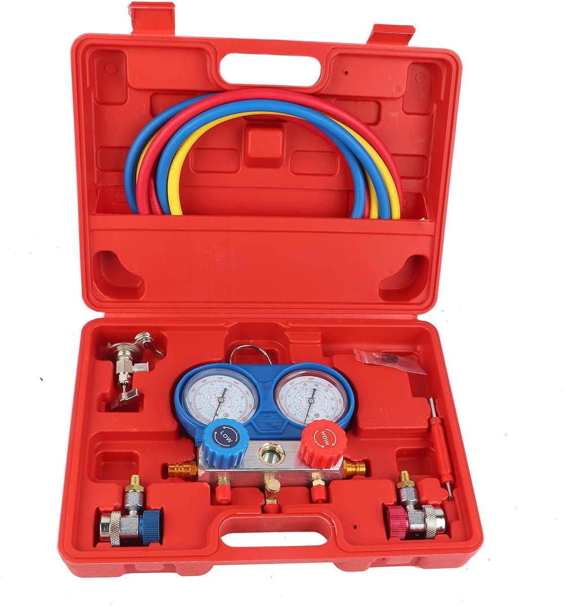 JHUBERS - R134a A/C Koelmiddel-manometerset - airconditioninggereedschap - met kleurgecodeerde manometers - 1,5 meter slangen - koelairconditioning...
