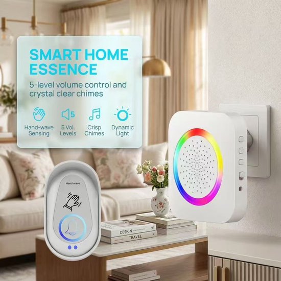 Contactloze draadloze deurbel met bewegingssensor (activeren door zwaaien) - Ontvanger met RGB-nachtlampje - 38 ingebouwde melodieën; geschikt voor huisbeveiliging (ouderen, huisdieren, appartementen) - Draadloze deurbel - Contactloze deurbel-wit — afbeelding 3