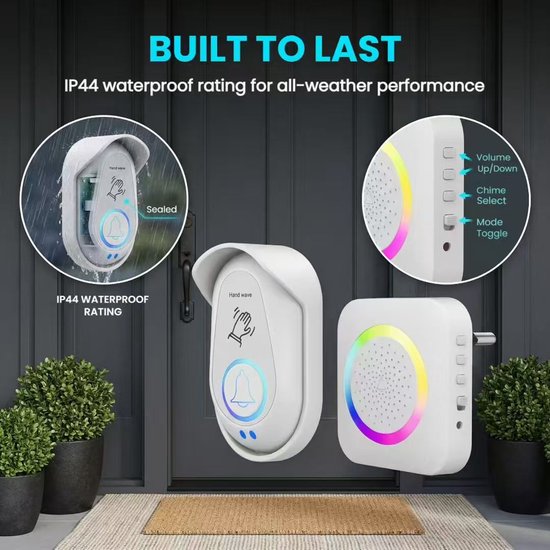 Contactloze draadloze deurbel met bewegingssensor (activeren door zwaaien) - Ontvanger met RGB-nachtlampje - 38 ingebouwde melodieën; geschikt voor huisbeveiliging (ouderen, huisdieren, appartementen) - Draadloze deurbel - Contactloze deurbel-wit — afbeelding 5