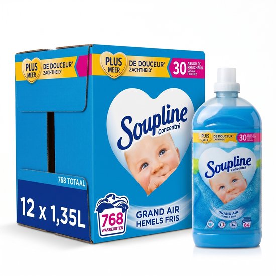 Lot promotionnel Soupline Grand Air Fraîcheur Céleste : 12 flacons d'adoucissant de 1,35L. Grande boîte bleue avec visage de bébé.
