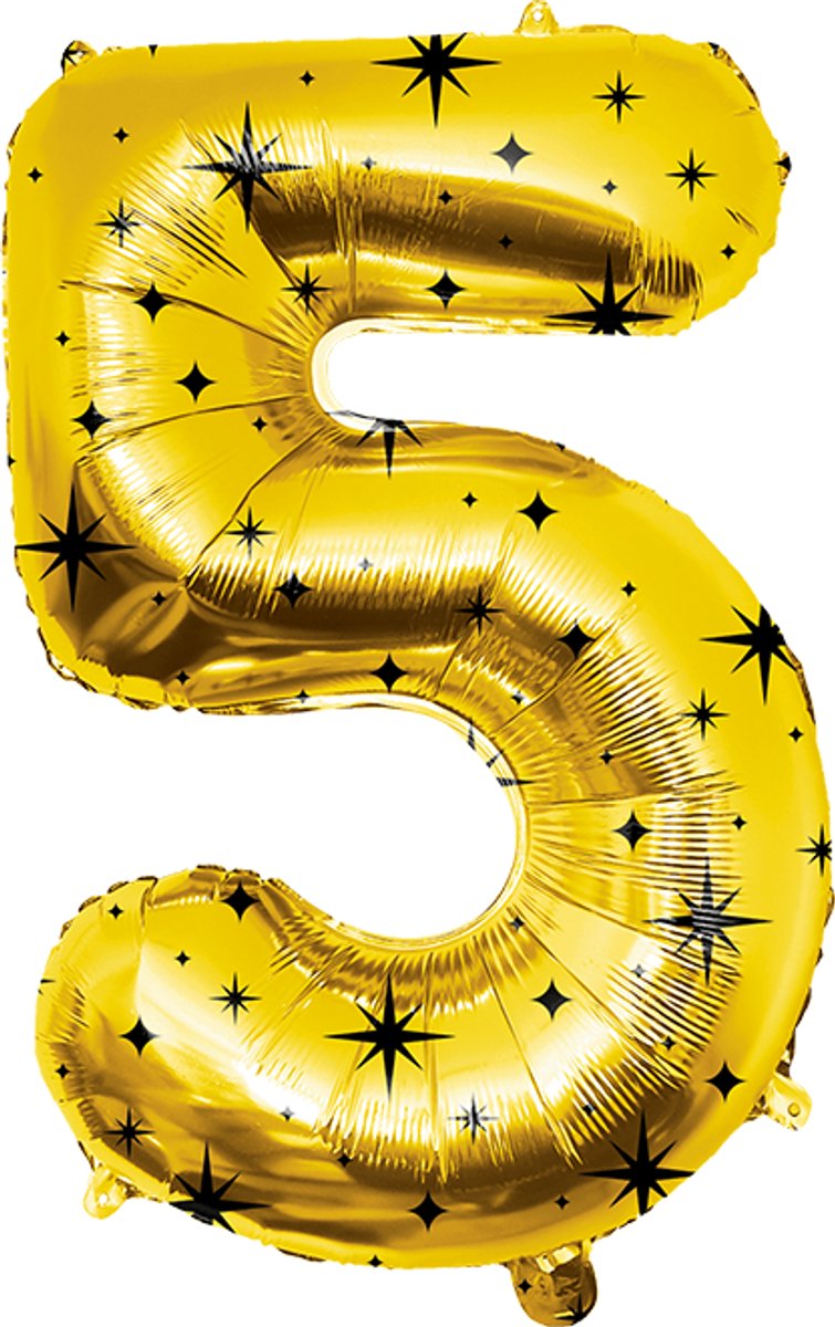 86 cm cijferballon - Folieballon cijfer 5 - Classy goud met zwarte sterren - Geschikt voor helium of lucht