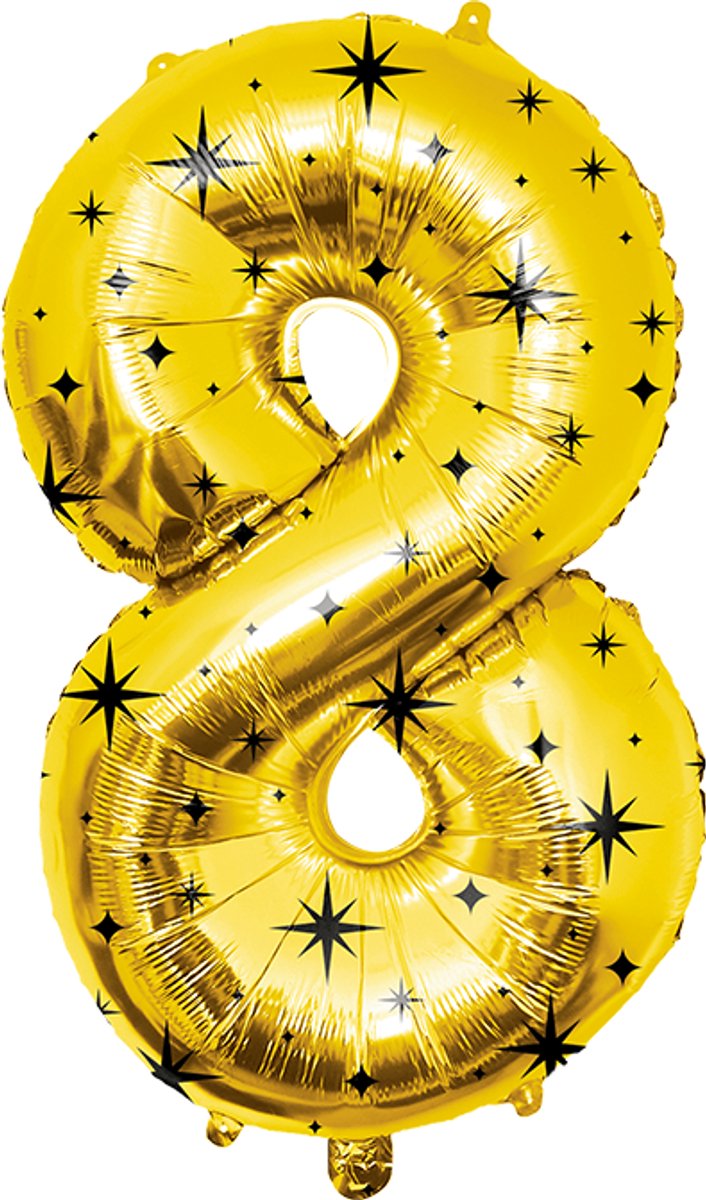 86 cm cijferballon - Folieballon cijfer 8 - Classy goud met zwarte sterren - Geschikt voor helium of lucht