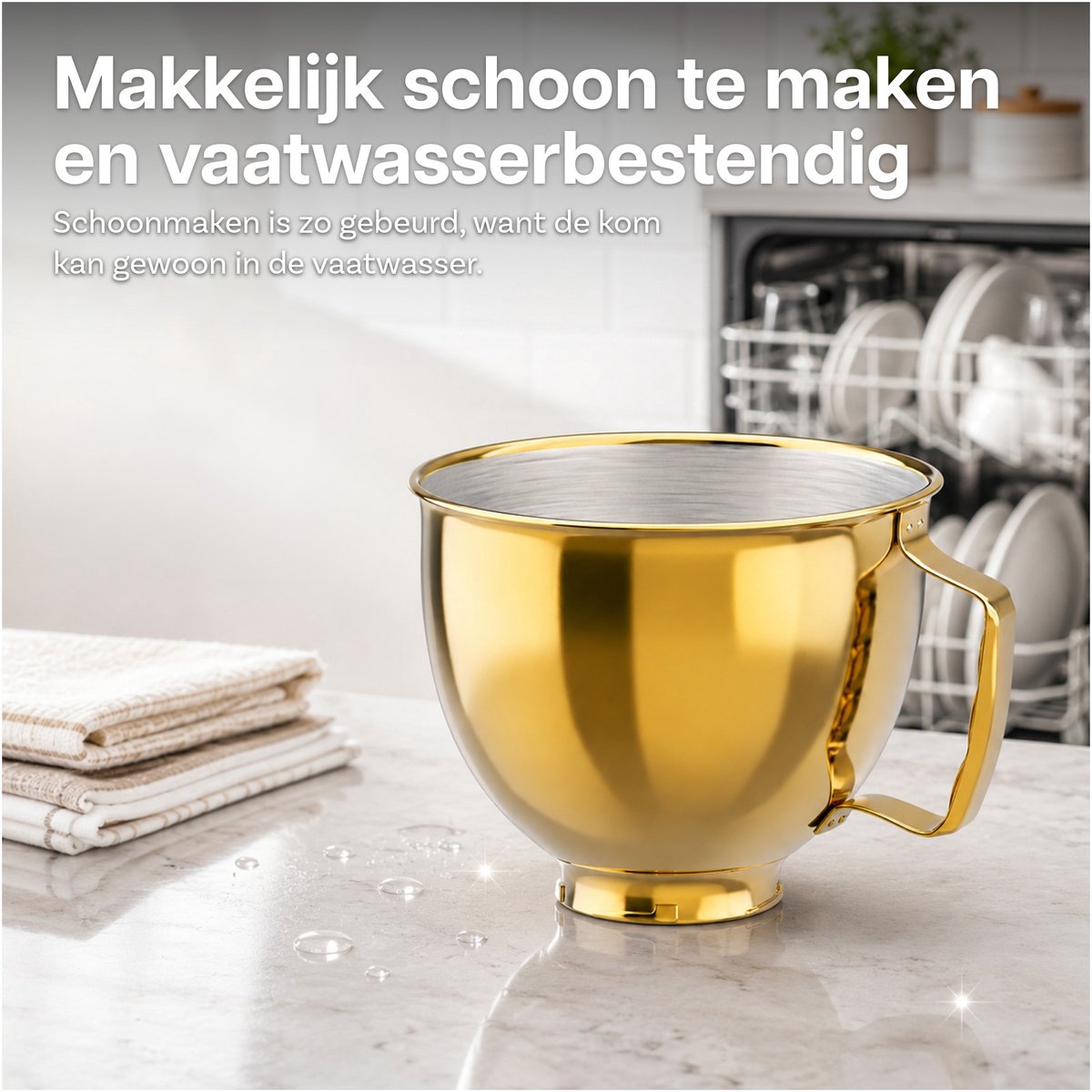 Roestvrijstalen Mengkom voor KitchenAid 4.3, 4.7/4.8L Tilt-Head Stand Mixers Artisan & Classic Series van MMOBIEL - 4.8L Kom RVS met Handvat – Vaatwasmachinebestendig – Goud thumbnail 2