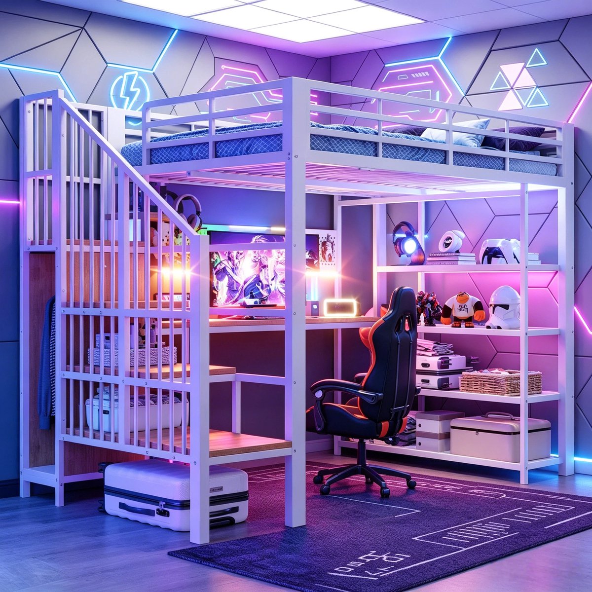 Zubaliya IJzeren Hoogslaper 140 × 200 Cm, Tweepersoonsbed Lang Bureau En Lang Prikbord, Klein Driehoekig Plankje Met Stopcontacten En Ledstrip, Opbergvakken Met Meerdere Niveaus, Hoge Reling-Wit